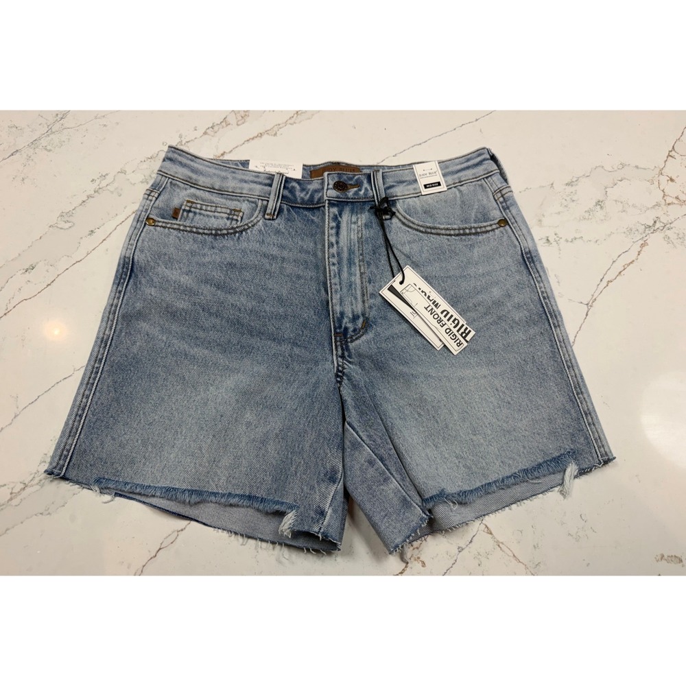 Judy Blue MR Dad Shorts Medium Blue Rigid Front Stretch Back Raw Hem Size Med